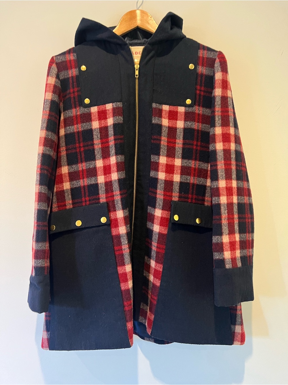 Wool Blend Hooded Plaid Coat - Red & Navy